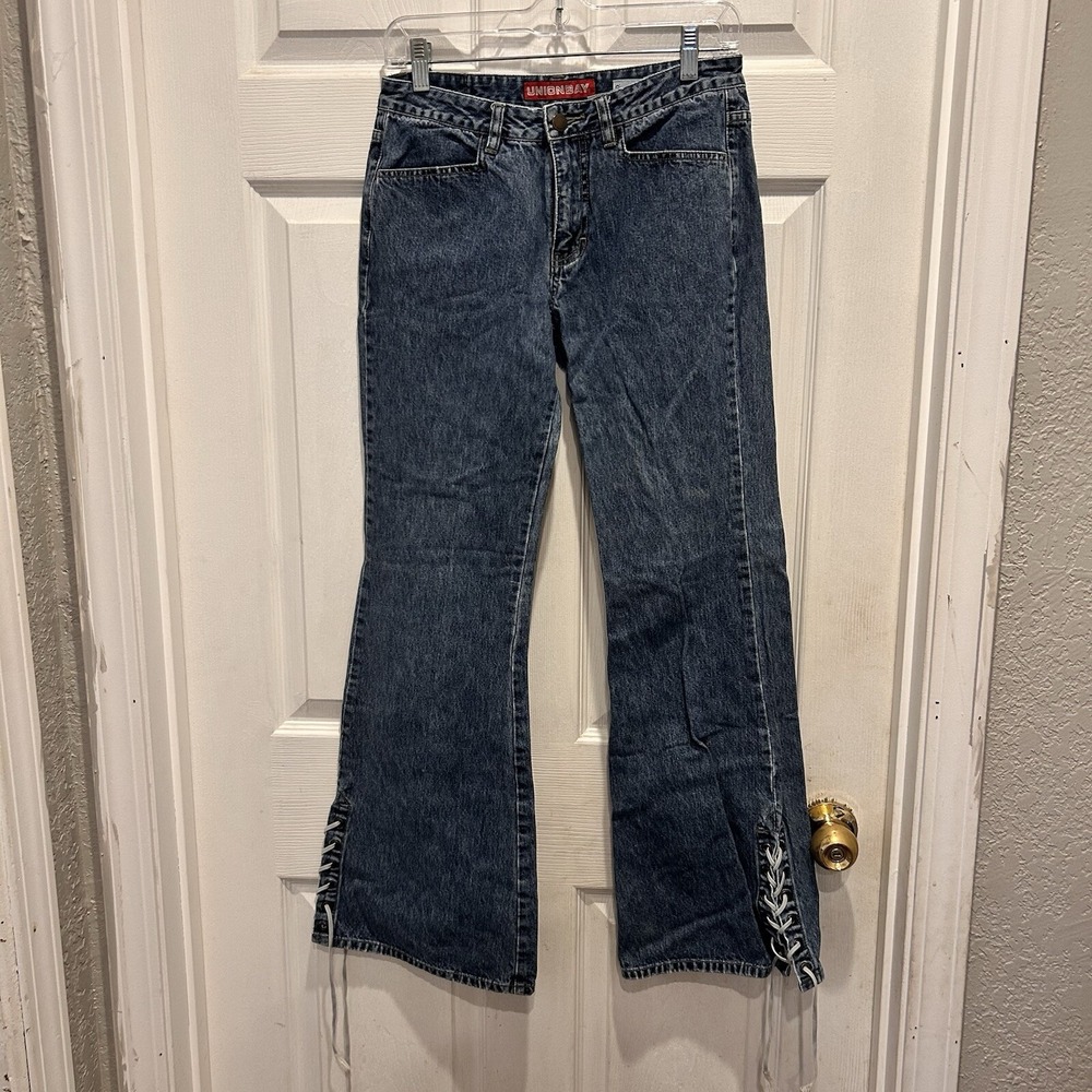Unionbay Vintage Y2K Flare Jeans Lace Up Side Hem Acid Wash Blue Denim Size 5S